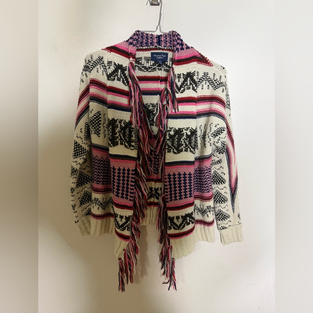 American Eagle Aztec Southwest Fringe Cardigan Boho Knit Sweater XS Wool Blend